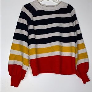 White, Navy blue, yellow and red striped sweater